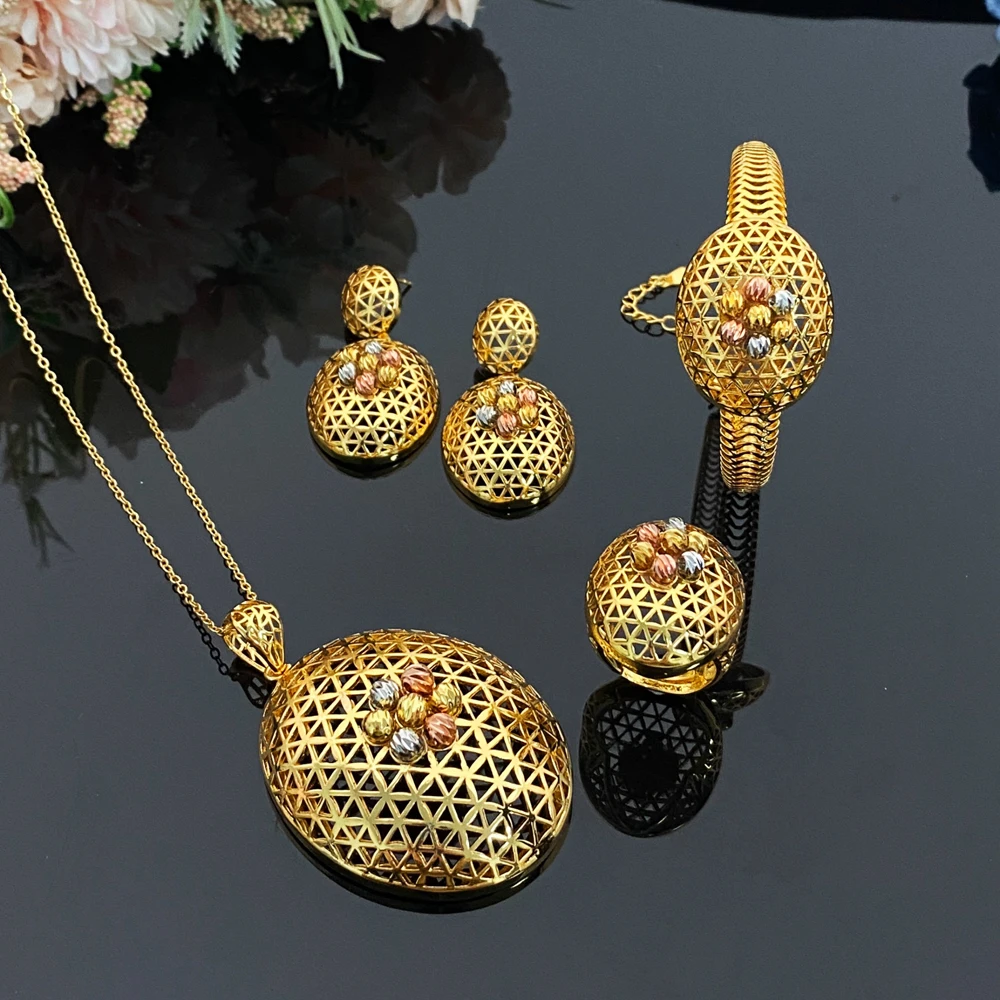 Flora Hollow Out Copper Plated Jewelry Set for Women - Necklace Bracelet Earring Set Ideal for Christmas Valentine's Day Gifts