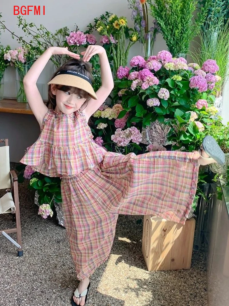 Korean Teenage Girl Summer Colorful Plaid 2pcs Set Sleeveless Blouse+wide Leg Ankle Pants Junior Girl Clothing Kids Thin Outfits