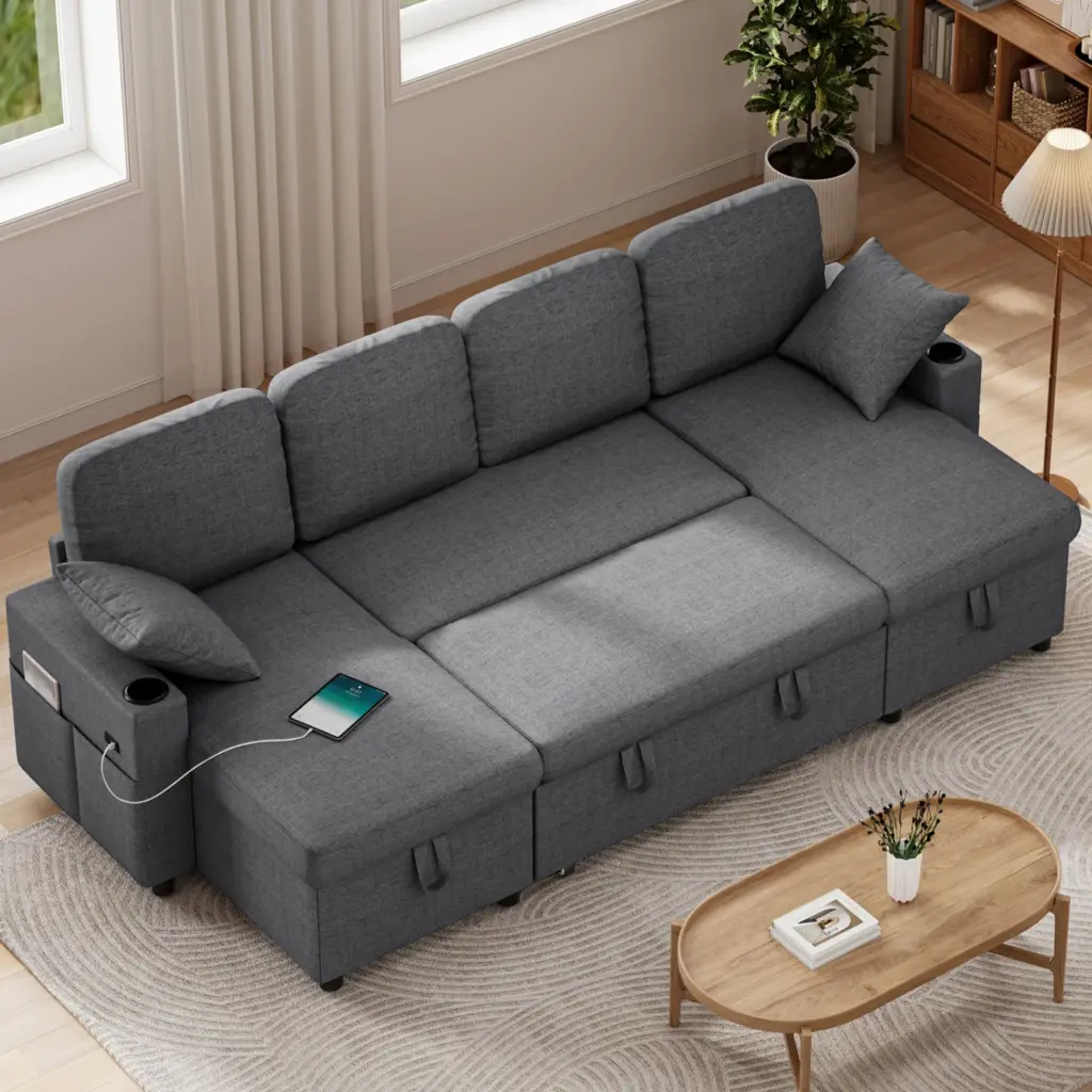 Sofa Bed Pull Out Sleeper Couch Bed with Double Storage Chaise, U Shaped Convertible Fabric Sectional Sleeper Sofa for Living Ro
