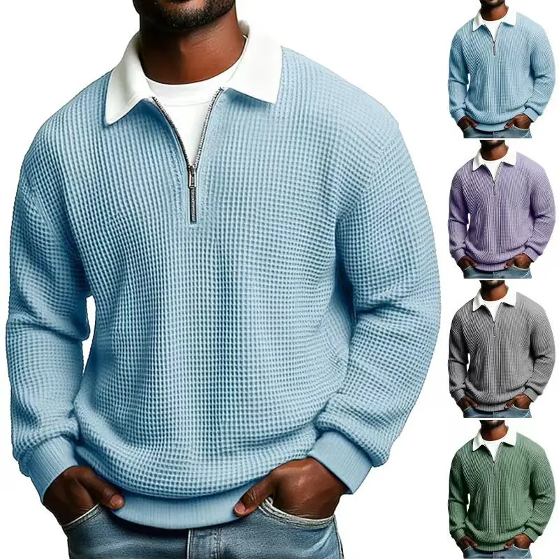 New Style Solid Color Waffle-Knit Long-Sleeve Sweatshirt for Men - Half-Zip Athletic Top (Spring & Autumn Collection)