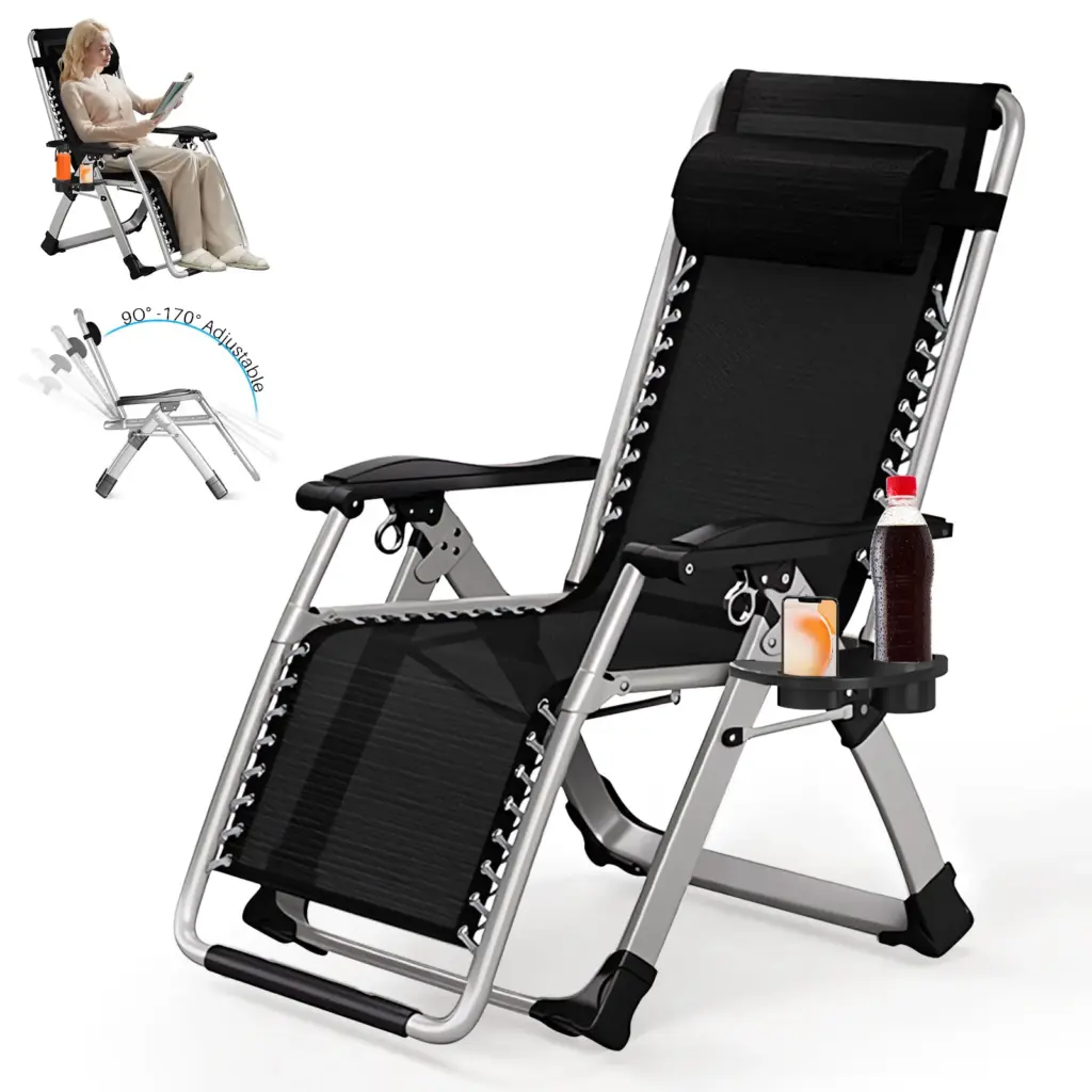 Outdoor Garden Sunloungers Folding Chair with Cup Holder and Headrest Pillow Lounge Chair Folding Patio Recliner Support 150kg