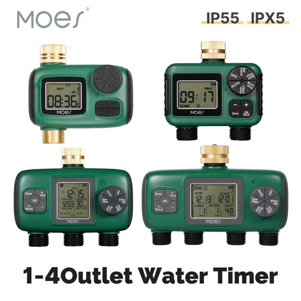 MOES Water Timer 1-4Outlet Brass Inlet Rotary Knob Button Control With LCD Display Screen Rain Delay Child Lock Garden Sprinkler