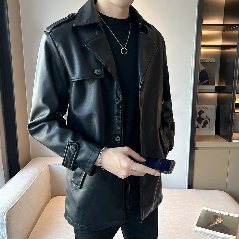 PU Leather Jacket Brand Fashion Men's Casual Slim Fit Jacket Men Turn Down Collar Trench Male England Style Faux Leather Jacket