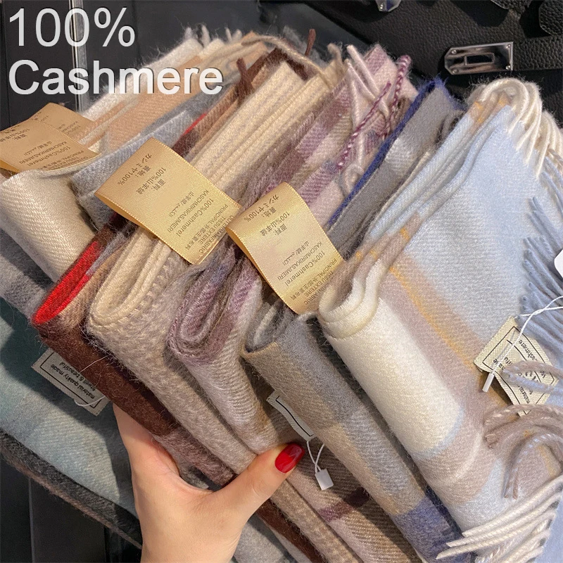 100% Pure Cashmere Scarf Female Winter Warm Cashmere Shawl Checkerboard Grain Design Couple Accessory Premium Windproof Scarf
