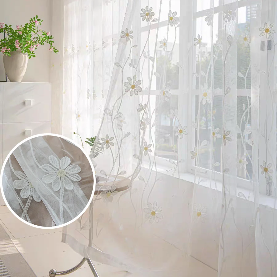 White Embroidered Floral Sheer Curtain For Dining Living Room Bedroom Voile Curtain Panel Window Drapes Sliding Glass Door Decor