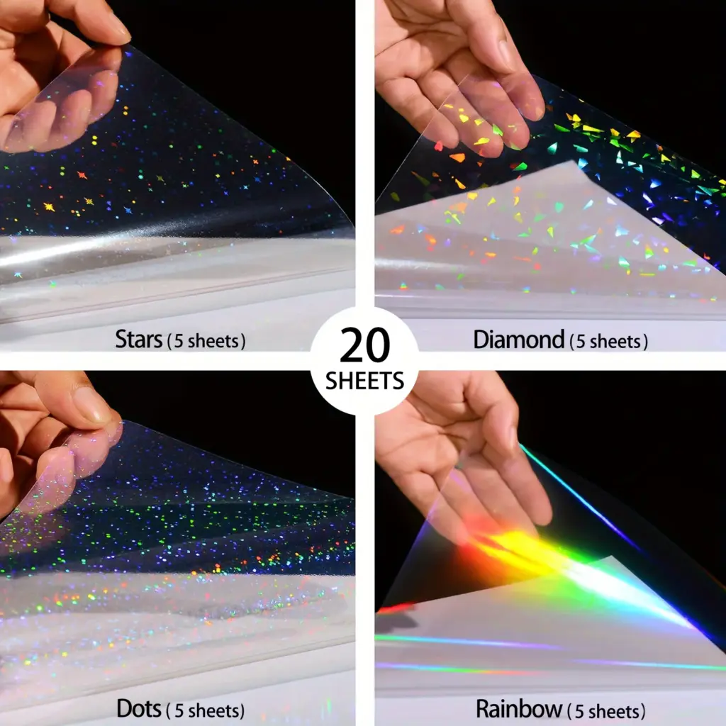 20 Sheets A4 Clear Holographic Cold Lamination Film Mixed Styles Waterproof Self-Adhesive Vinyl Sticker Paper 8.3x11.7 Inch