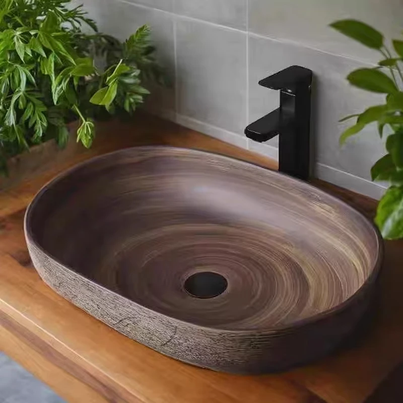 Simple and high-quality round ceramic washbasin, stylish and retro brown square countertop basin, for bathroom, balcony YX432GJ
