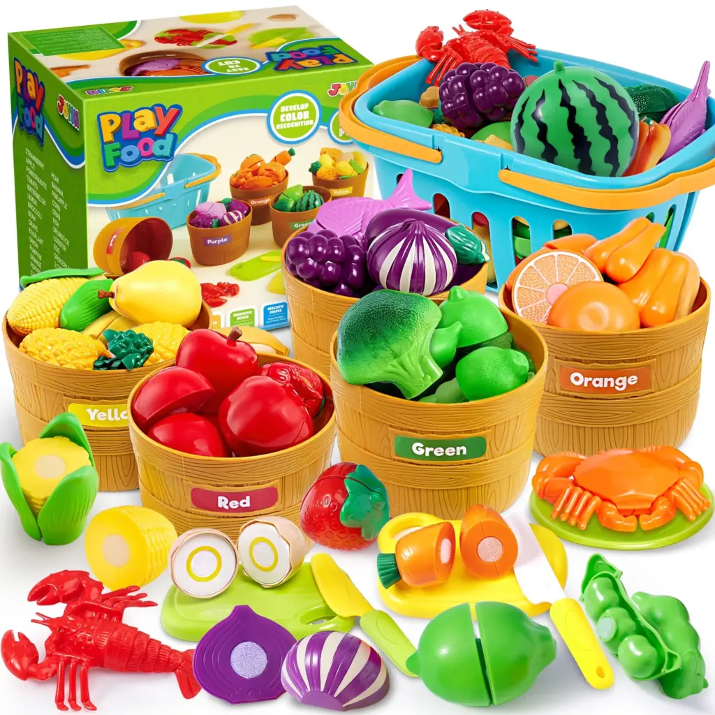 Joyfy 60 pcs Play Food Set for Kids Kitchen, Color Sorting Toy Food for Boys Girls Pretend Play Fake Food Toy for Toddlers
