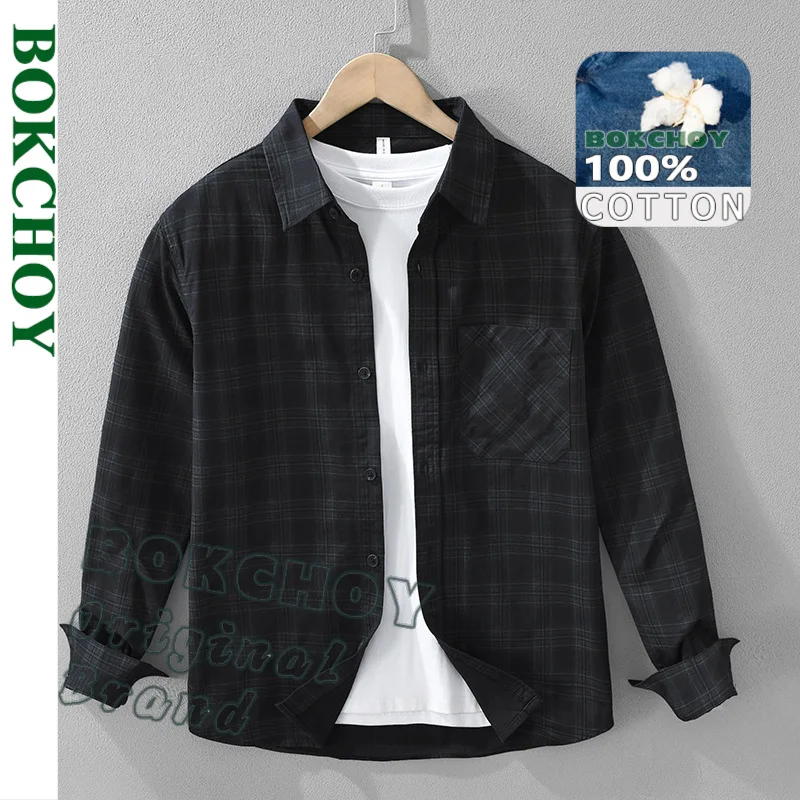 2025 Spring New Pure Cotton Vintage Plaid Long Sleeve Shirts for Men Clothing Casual Streetwear Men Tops CM7598