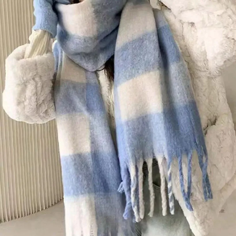1 Piece Women's Winter Thick Plaid Scarf Soft Warm Cashmere Texture Oversized Blanket Scarf Thick Wool Shawl Suitable for Outdoor Use