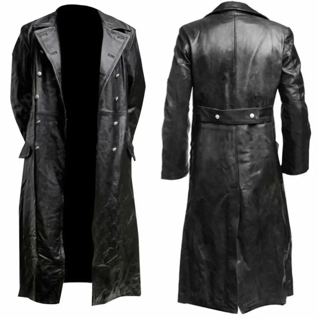 1MEN'S GERMAN CLASSIC WW2 MILITARY UNIFORM OFFICER BLACK REAL LEATHER TRENCH COAT