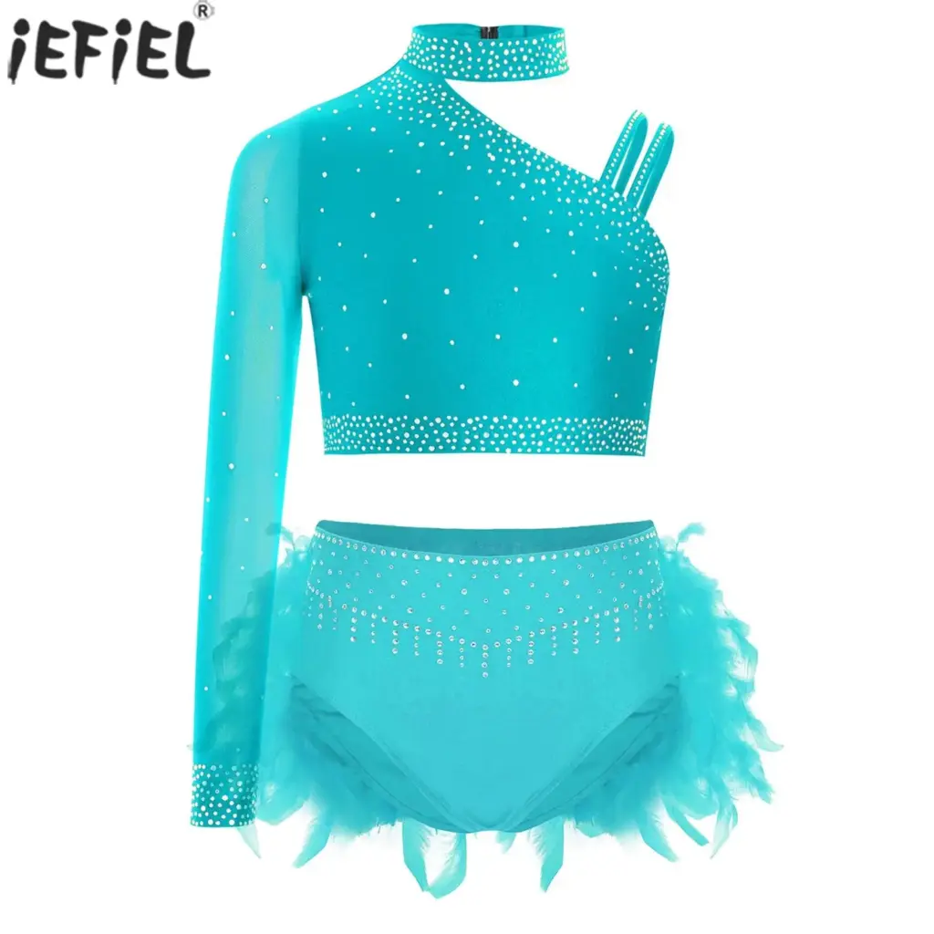 Kids Girls Ballet Dance Gymnastics Performance Costume Rhinestones Crop Tops with Feather Briefs Latin Figure Skating Dancewear