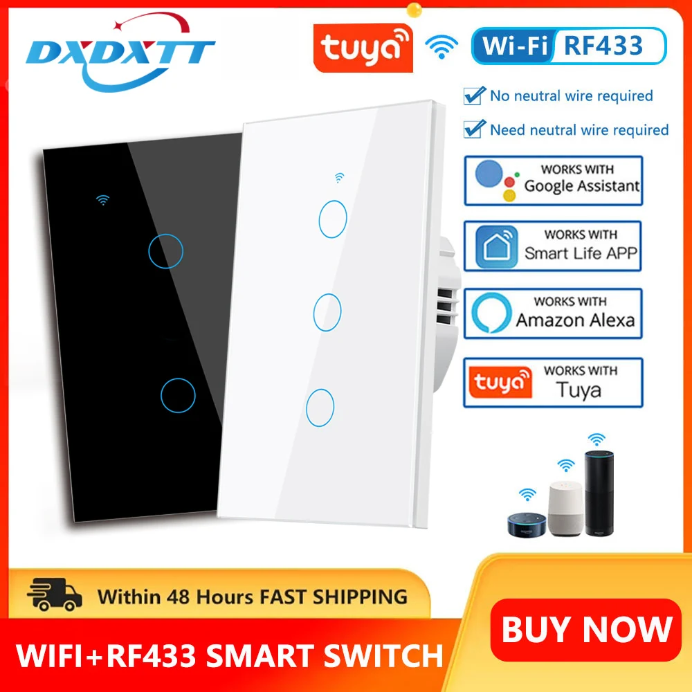 Tuya Smart Switches US RF433 1/2/3 Gang No Neutral Wire Touch Sensor LED Light WiFi Wall Switches Smart Home Alexa Google Home