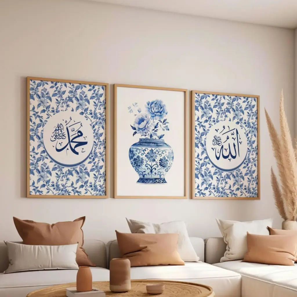 3pcs Blue-and-White Porcelain Style Islamic Calligraphy Posters Allah SWT Muhammad SAW Canvas Prints Home Decor Eid Decor Gift