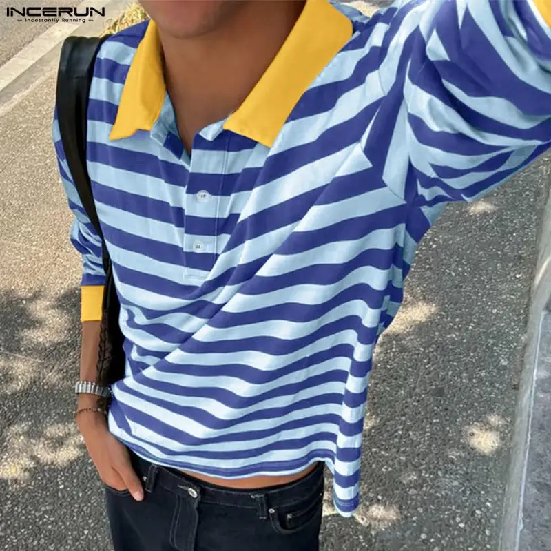 INCERUN Men T Shirt Striped Patchwork Color-block Lapel Long Sleeve Male Tee Tops Streetwear Korean Style Casual Men Clothing