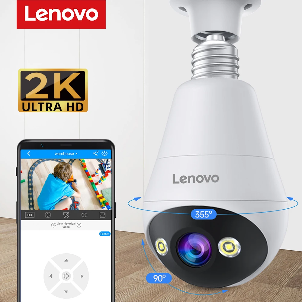 Lenovo E27 Bulb Camera Indoor 5X Digital Zoom 2K Auto Tracking Full Color Night Vision Wireless Cameras Smart Home Camera
