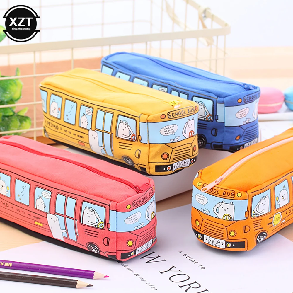 Cute Bus Pencil Case Canvas Stationery Box Large Capacity Pen Bag School Pencil Cases for Children Pen Case Kawaii Student Gifts