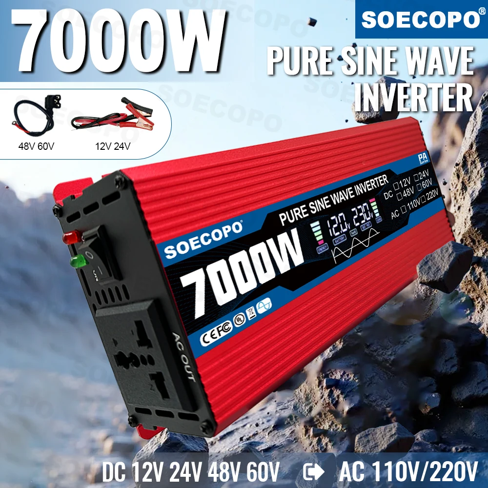 Pure Sine Wave Inverter 7000W Current Inverter 12/24/48/60V To 110V/220V Solar Compatible Home Camping Solar Inverter 12V 220V