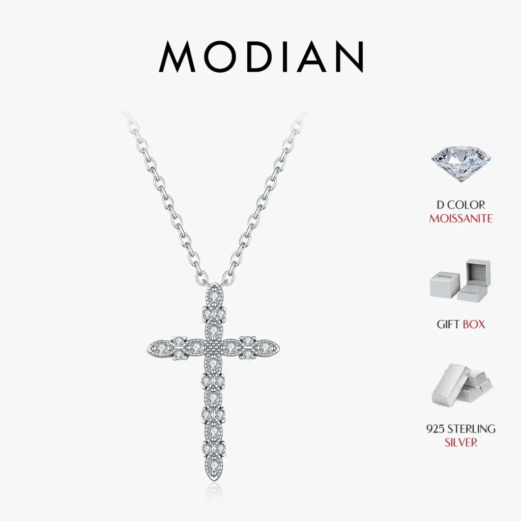 MODIAN D Color Moissanite Necklace 925 Sterling Silver Sparkling Cross Link Chain Pendant Necklaces For Women Fine Jewelry