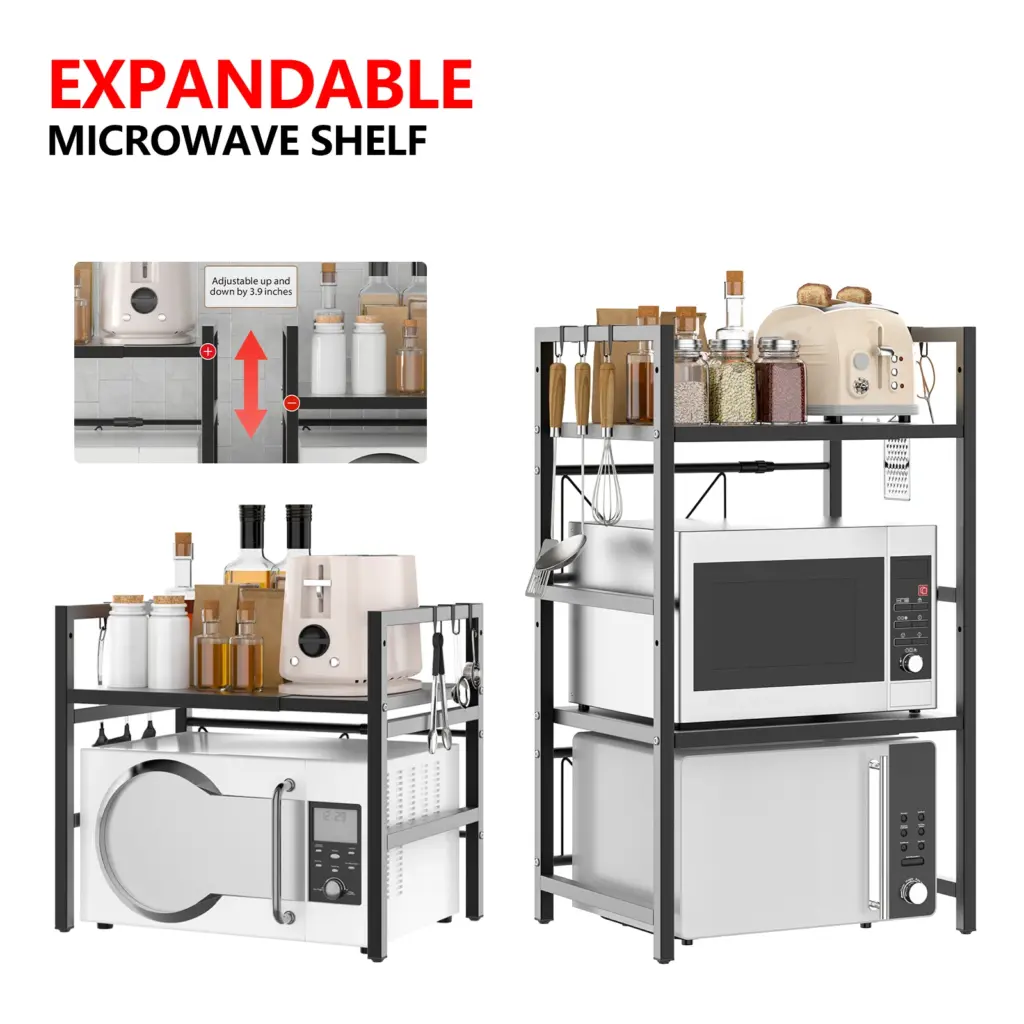 3-Tier Microwave Shelf Rack, Heavy Duty Extendable Adjustable Microwave Oven Stand, Kitchen Organizer Storage Unit Rack, 6 Hooks