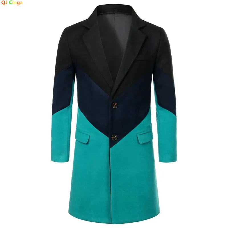 2026 New Winter Men's Long Jacket, Black/Navy/Green Splicing Trench Coat, Slim-Fit Business Office Overcoat.