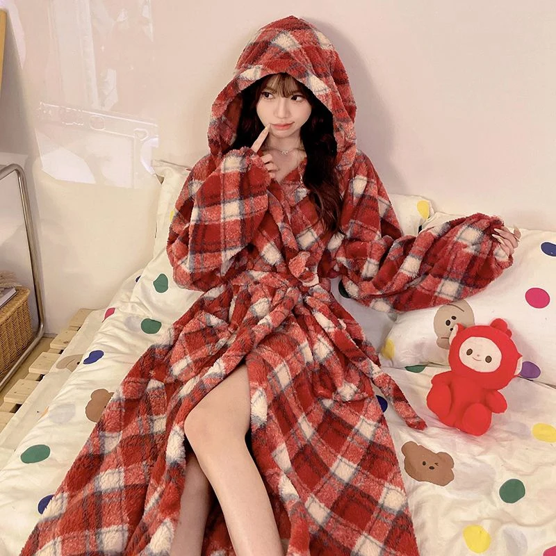 2025 Winter Long Sleeve Hooded Thick Warm Flannel Kimono Robes for Women Casual Plaid Bathrobes Sleepwear Nightdress Night Dress