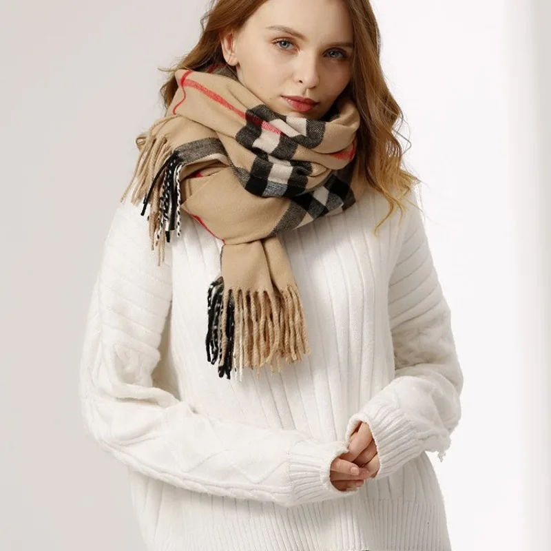 Luxury Cashmere Pashmina Wrap - Premium Winter Scarf f or Women & Men , Classic Plaid Design with Fringe