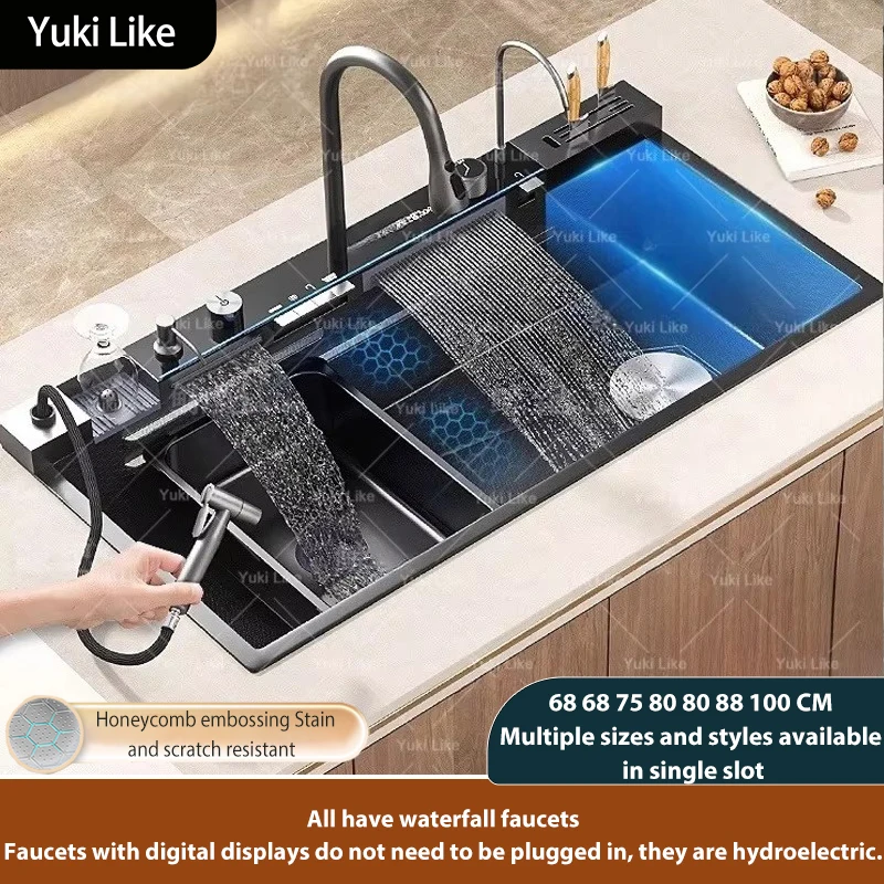 Stainless Steel Waterfall Kitchen Sink Digital Display Multifunctional Kitchen Sinks Large Single Slot Multiple Types of sinks