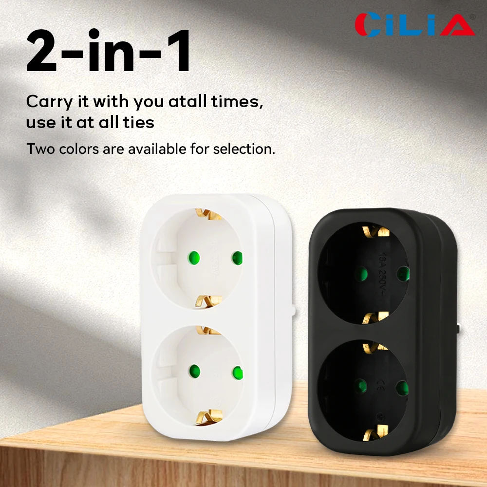 2 Schuko,EU Plug,Multi-outlet,Extension Socket,250V,16A,CE Certification,Standard Grounding for EU,Home,Kitchen, bedroom