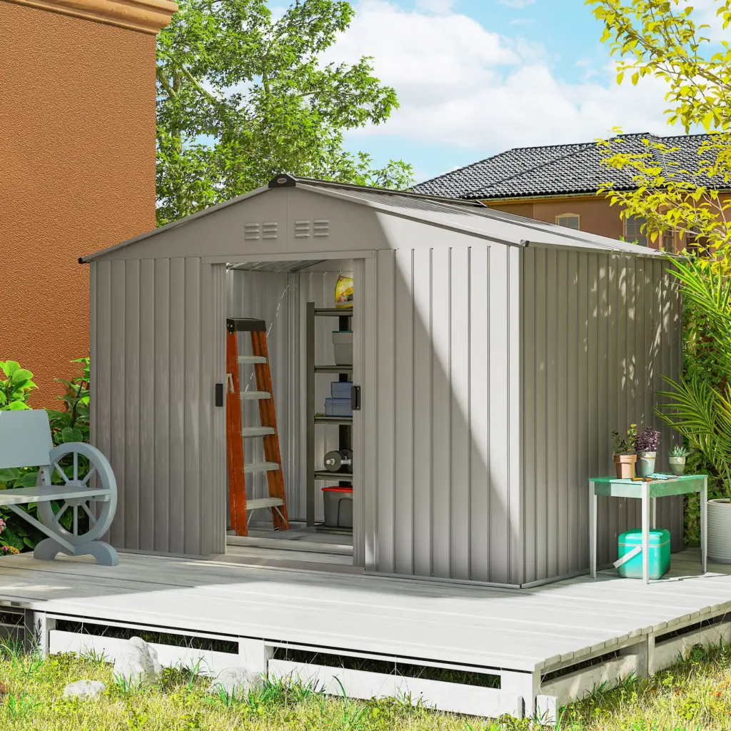 Outsunny 9 x 6FT Galvanised Garden Storage Shed with Sliding Door, Grey