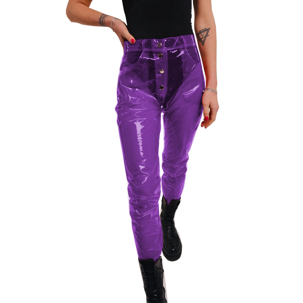Clear PVC Pants Fetish Plastic Transparent Button Trousers Fashion Trendy Women Sexy High Waist See Through Pants Club Bar Wear