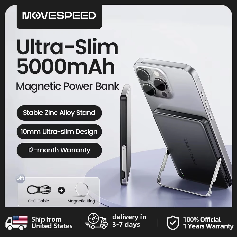 MOVESPEED S05Pro Magnetic Power Bank 5000mAh Wireless External Battery with Stand for MagSafe Powerbank for iPhone 16 15 Samsung