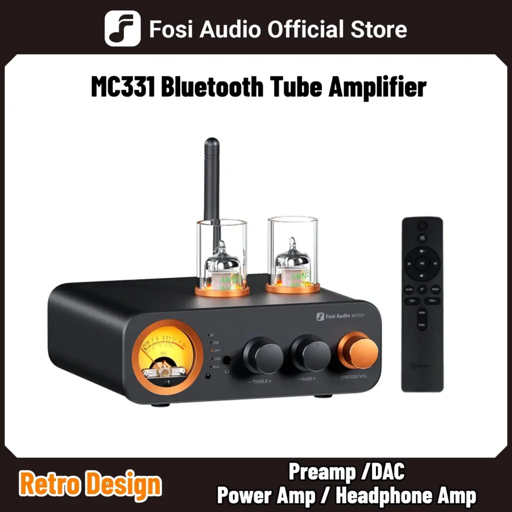 Fosi Audio MC331 2.0 Channel Bluetooth Stereo Integrated Tube Amplifier, Mini All-in-One DAC Audio Power Amp for Passive Speaker