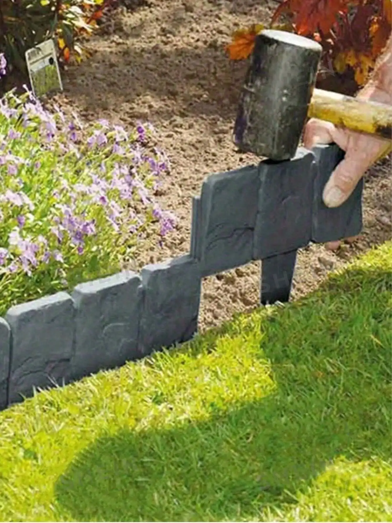 5-Pack, Easy-To-Install Gray Stone-Pattern Plastic Garden Edging - Decorative Fence for Patios, Lawns, and Balconies, Perfect for Flower Beds and Landscape Borders