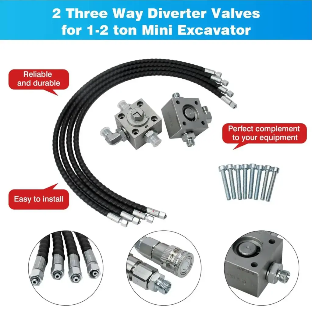 2Pcs 3 Way Diverter Valve for 1-2 Ton Chinese Mini Excavator with 31in Flexible Hoses
