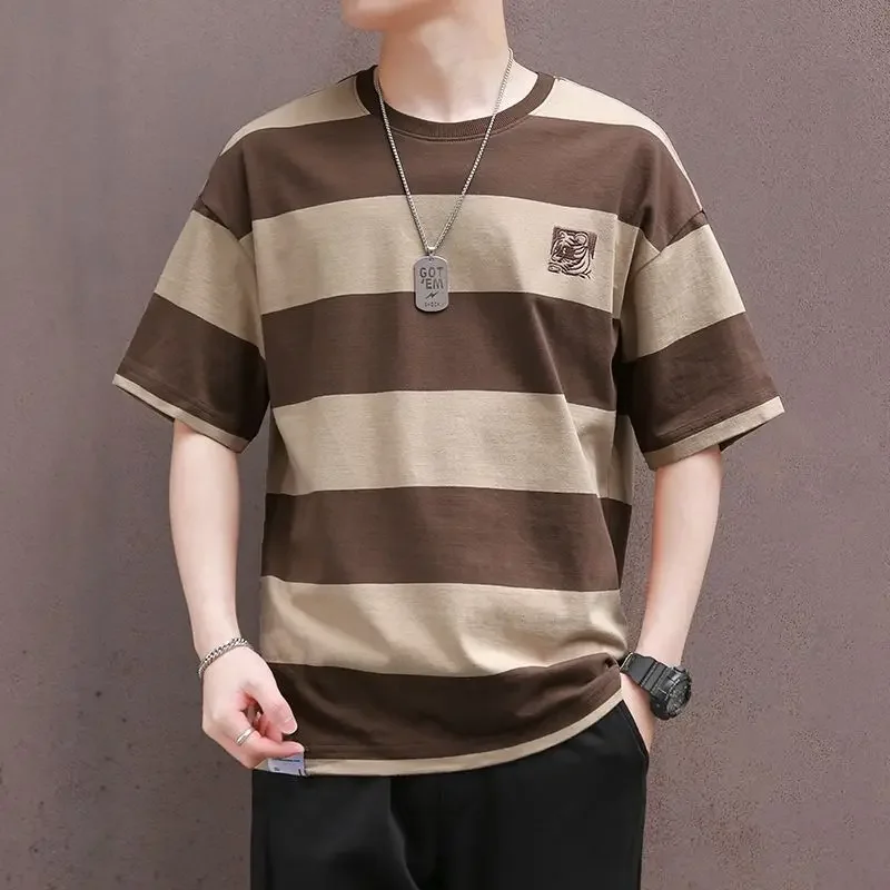 Summer New Men's Pullovers Crew Neck Contrast Color Casual Fashion Loose All-match Young Style Short Sleeve Striped T-shirt Tops