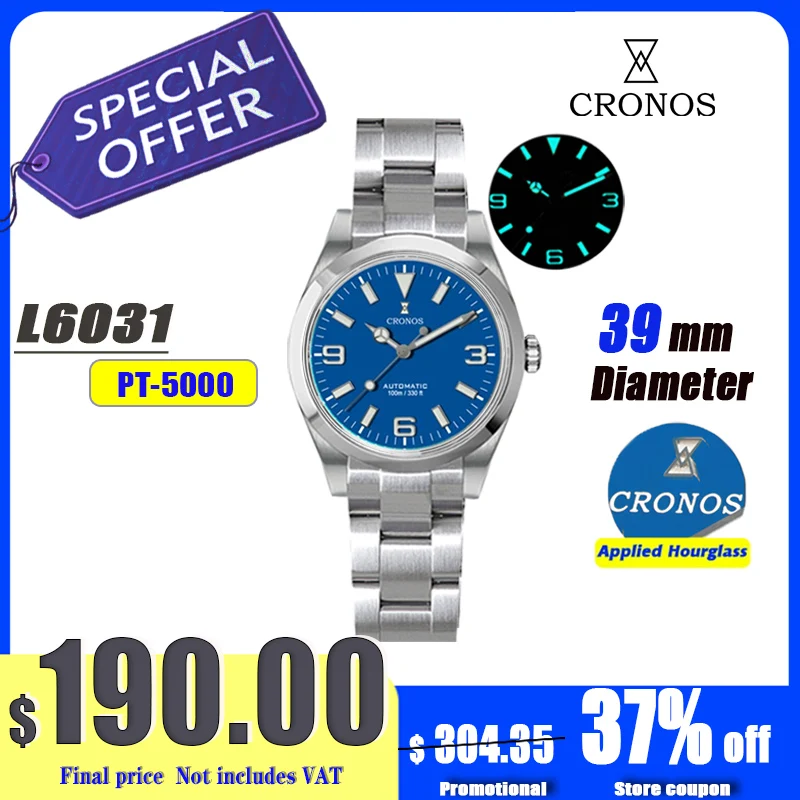Cronos EX Diver Mechanical Men Watch 39mm Automatic PT5000 / Miyota 90S5 Sapphire Glass Bushed Bracelet Glide Clasp 10ATM L6031