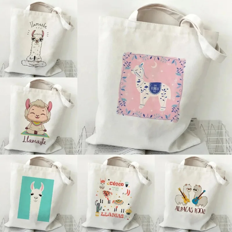 Cute Alpaca Pattern Cartoon Animal Print Handbag Large Capacity White Shopping Bag Women's Canvas Handbag Women's Shoulder Bag