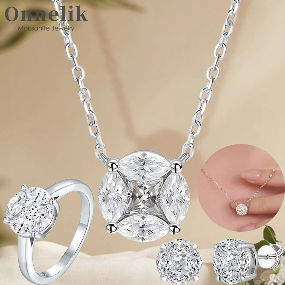 Onnelik Full D VVS1 Moissanite Cluster Star Earring/Necklace/Ring S925 Sterling Silver for Women Wedding Gift Fine Jewelry Set