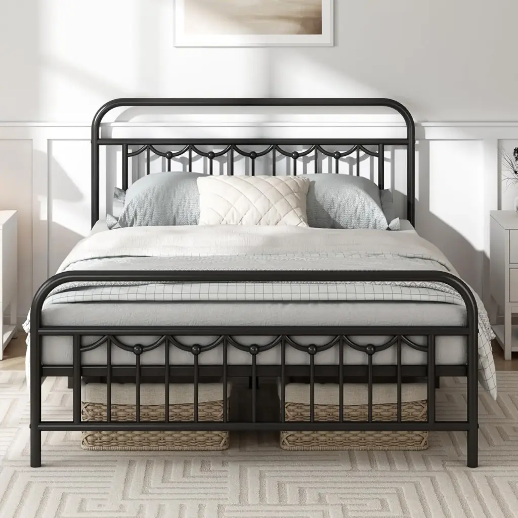 Modern Metal Bed Frame in Matte Black — Clean Lines, Straight Top Headboard & Durable Slats for Guest Rooms-Frankie-no mattress