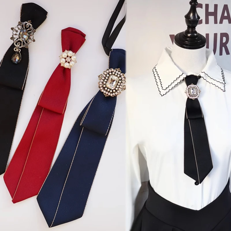 Vintage Fabric Bow Tie for Women Crystal Fashion College Style Necktie Shirt Collar School Uniform Tie Jewelry Accessories
