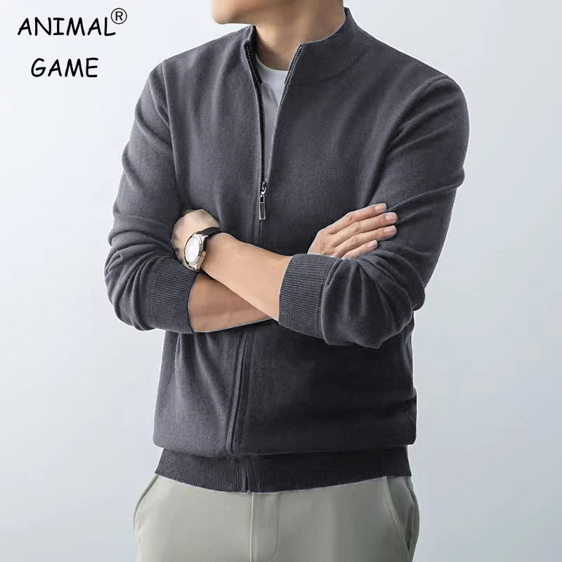 Animal Game Men's Zipper Cardigan Sweater Slim Fit Sweaters Stand Knitwear Jumper Warm Cold Blouse Zip Long Sweatcoats
