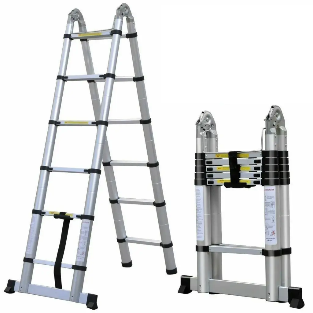 3.8m/ 5m Folding Telescopic Ladder A-Frame, Alloy Aluminum/ Stainless Steel, Non-Slip, Stable, 150KG LoadCapacity, EN131