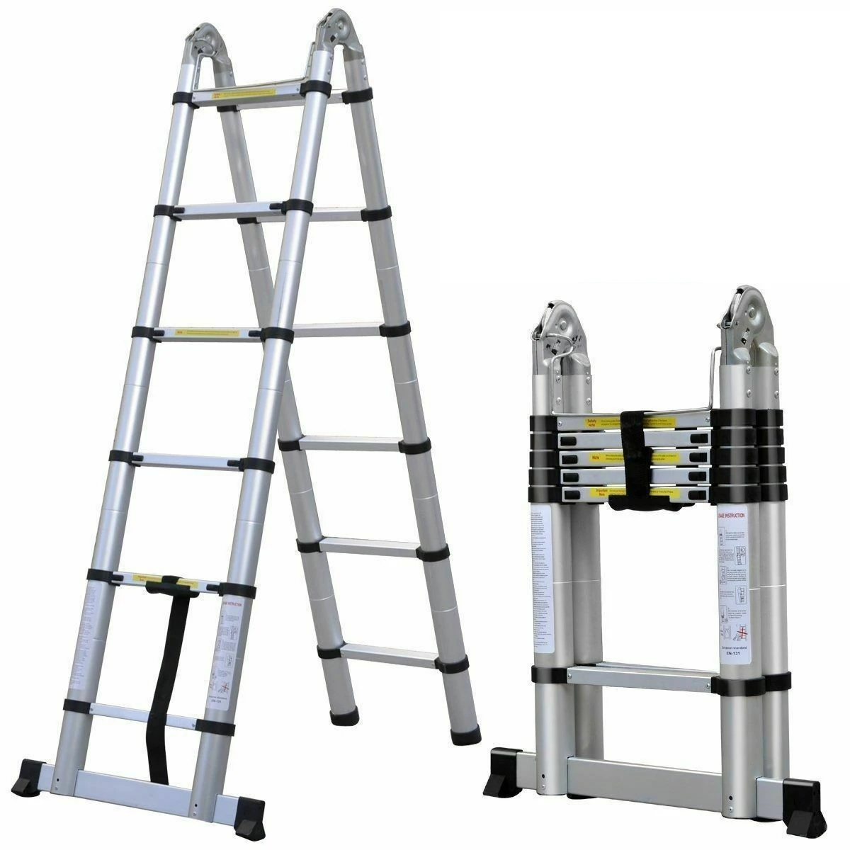 3.8m/ 5m Folding Telescopic Ladder A-Frame, Alloy Aluminum/ Stainless Steel, Non-Slip, Stable, 150KG LoadCapacity, EN131