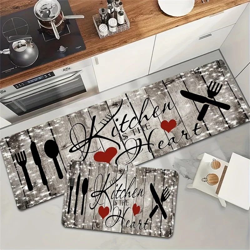 VIKAMA 1/2pcs Simple Knife And Fork Heart-Shaped Kitchen Floor Mat, Laundry Room Floor Mat, Machine Washable, Home Decoration