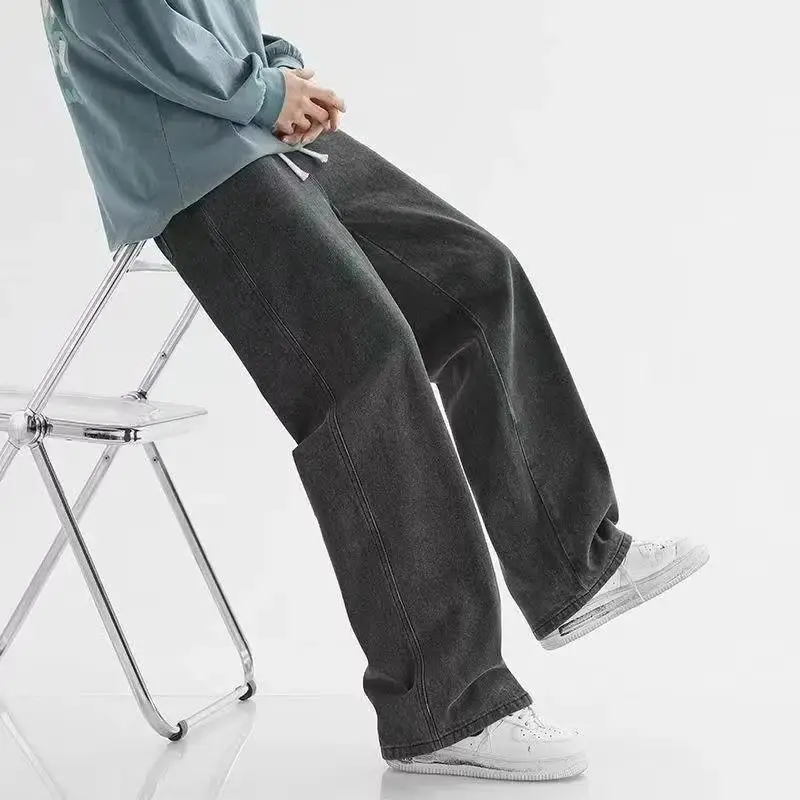 Autumn Jeans Men's Baggy Straight Drawstring Elastic Waist Personality Fashion Vintage Denim Trousers Streetwear 3XL