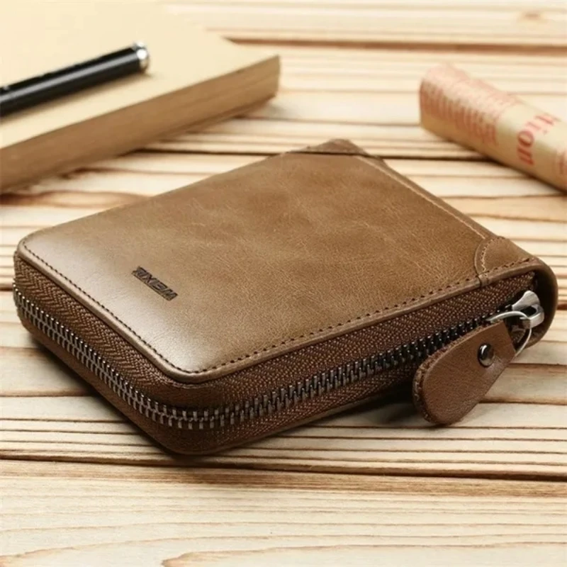 WEIXIE Zipper Wallet Leather Bifold Zip-around Wallet Small Short Coin RFID Wallet