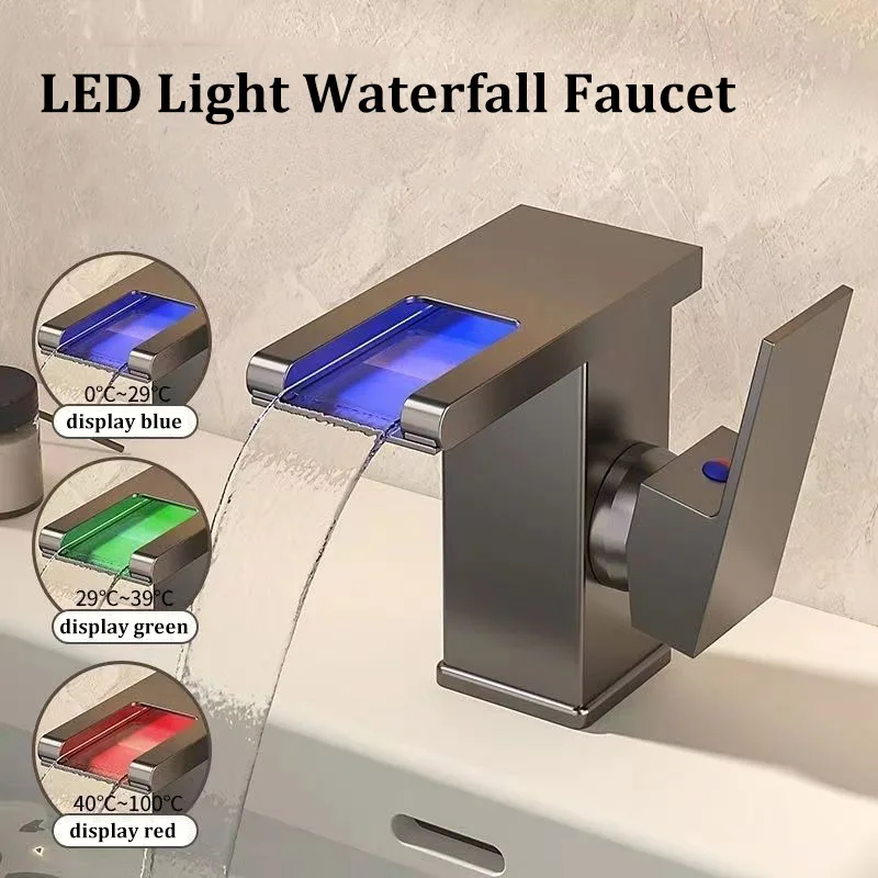 Basin Waterfall Style All-copper LED Light Luminous Faucet Bathroom Above Counter Basin Household Hot and Cold Water Faucet