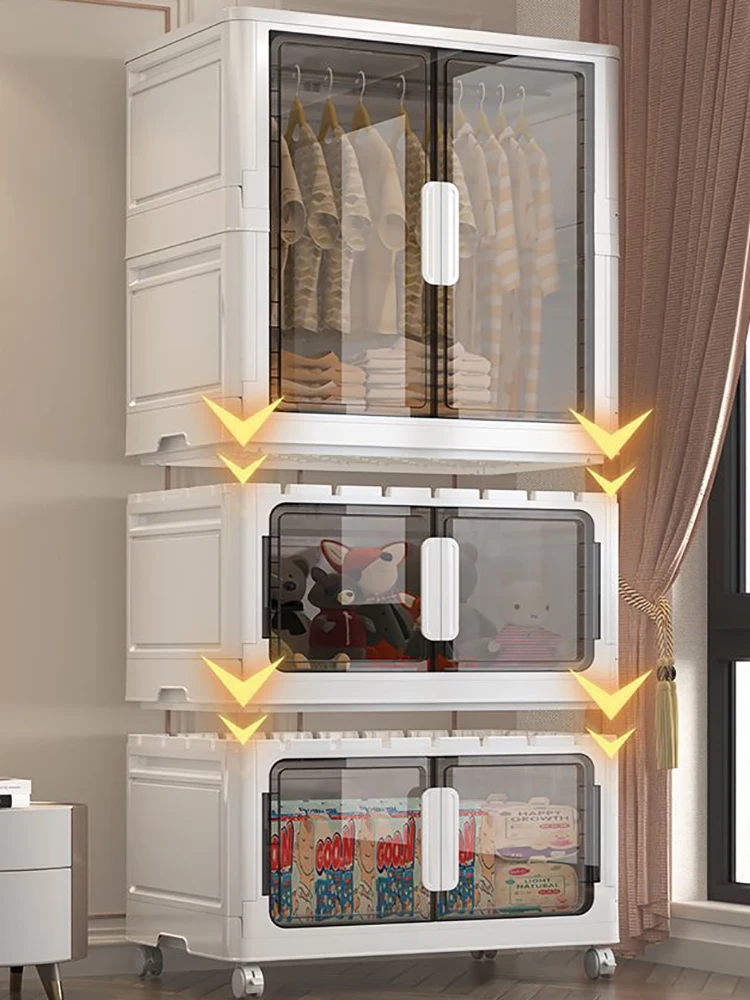 Double Door Open Clothes Storage Organizer with Wheels Foldable Wardrobe Cabinet Baby Cupboard Organizing Box Containers Bin
