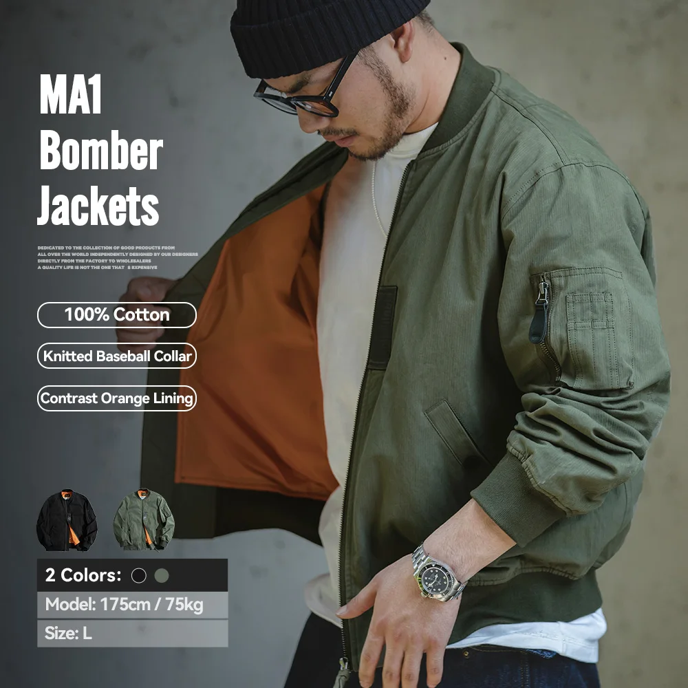 Maden Retro MA1 Bomber Flight Jackets Green Windproof Pilot Jacket Casual Motorcycle Baseball Coat for Men's Spring and Autumn